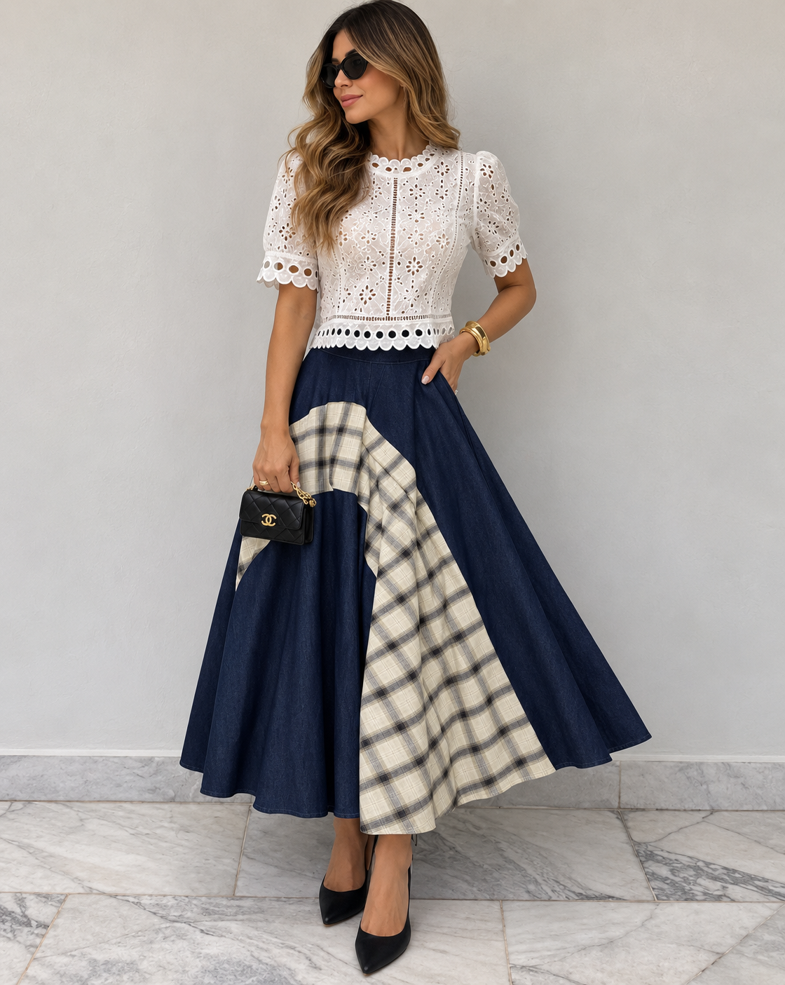 23440 Patchwork Plaid Panel Denim Midi Skirt