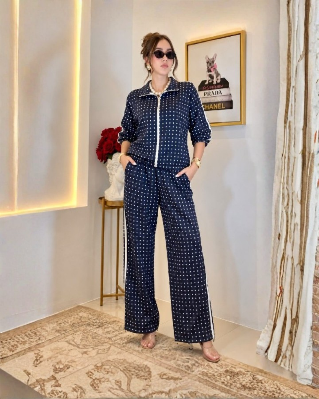 24795 Polka Dot Zip-Up Top & Wide-Leg Pants Set
