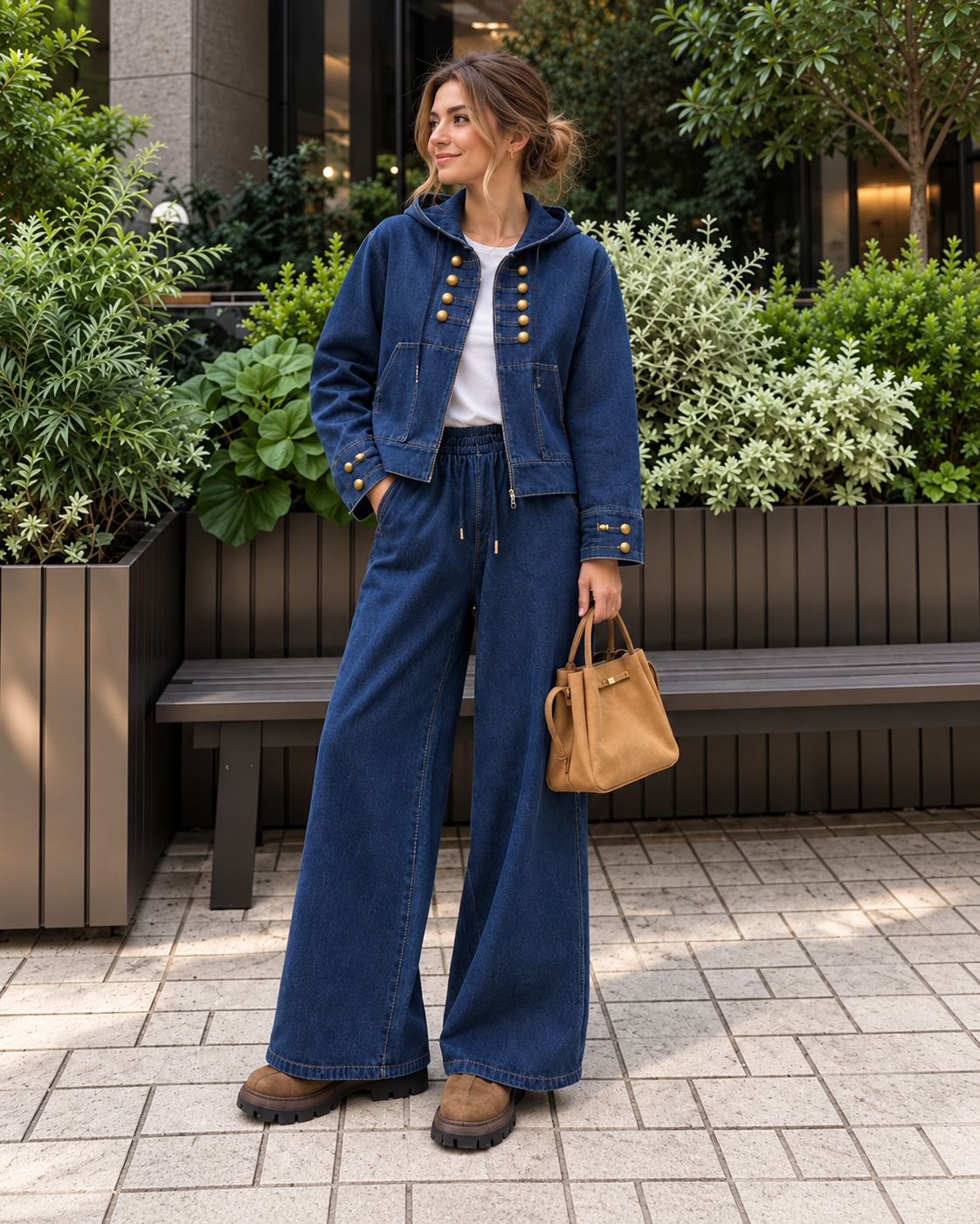 24889 Military Button Hooded Denim Set
