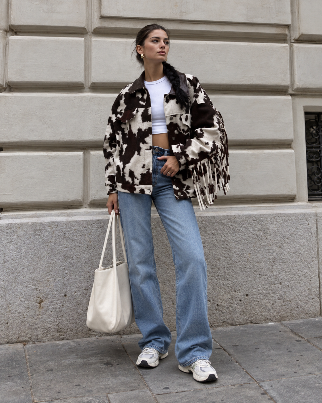 24944 Cow Print Fringe Jacket