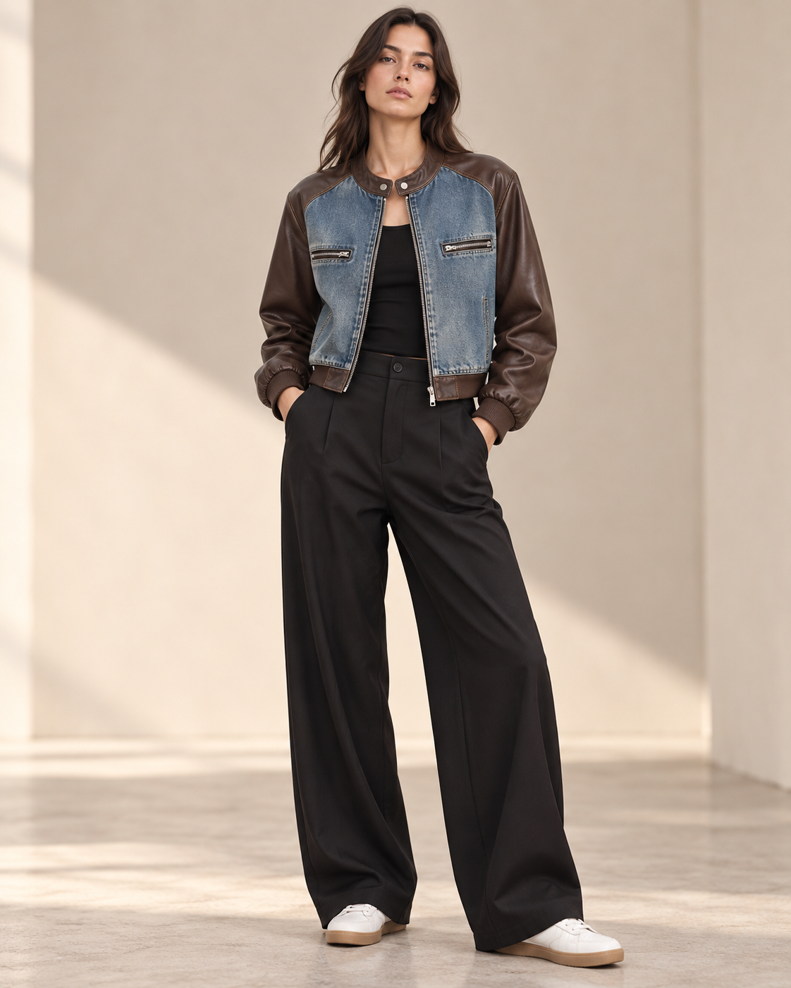 24971 Contrast Faux Leather Sleeve Denim Jacket