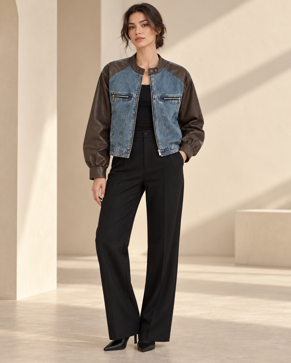 24974 Moto Denim & Faux Leather Jacket