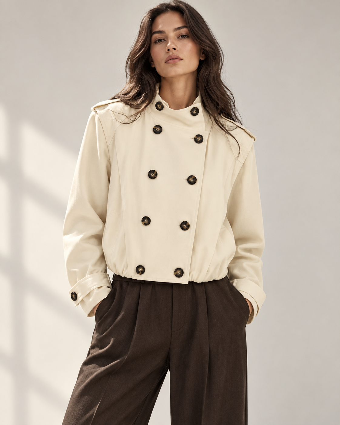 24984 Double Breasted Cropped Trench Jacket