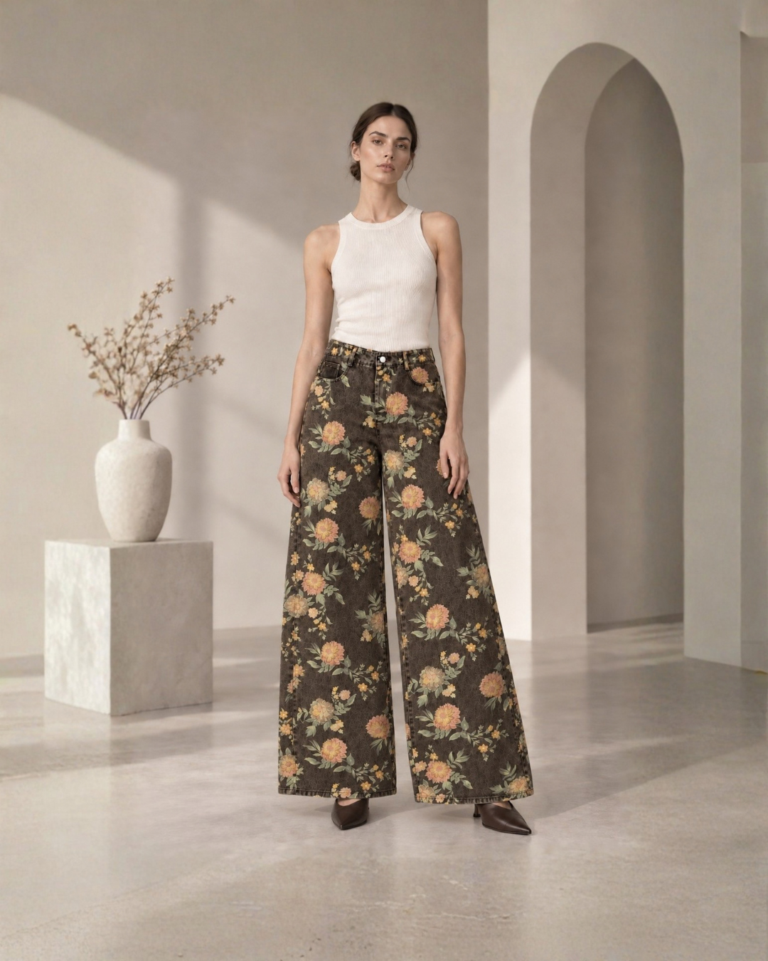25011 Floral Print Wide-Leg Denim Jeans