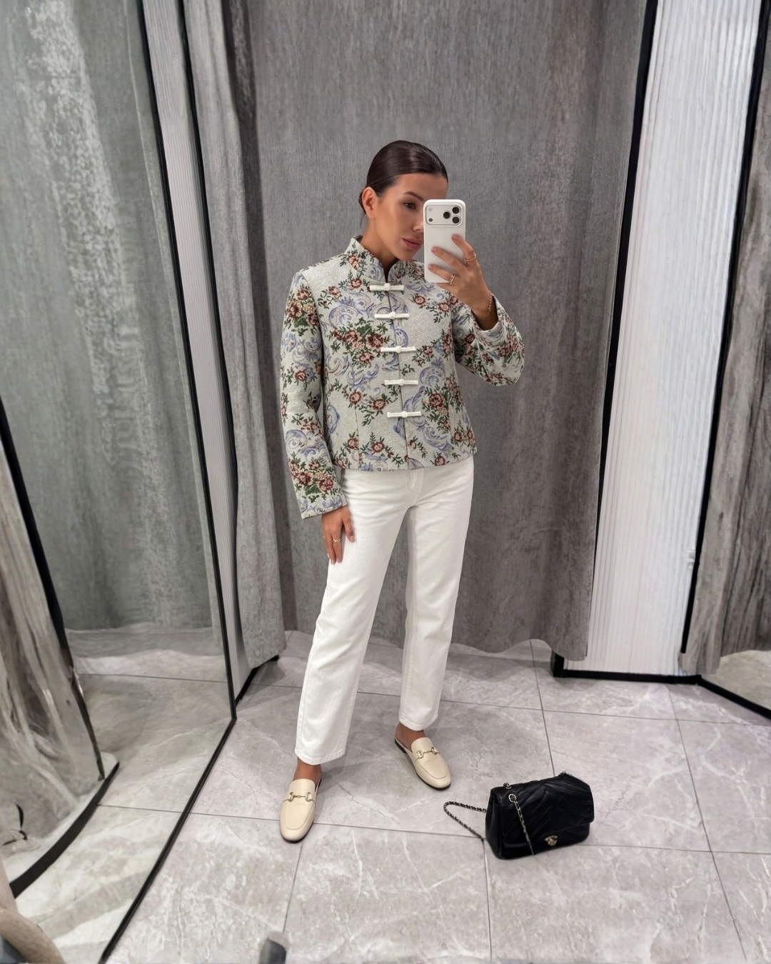 25017 Floral Jacquard Frog Button Jacket