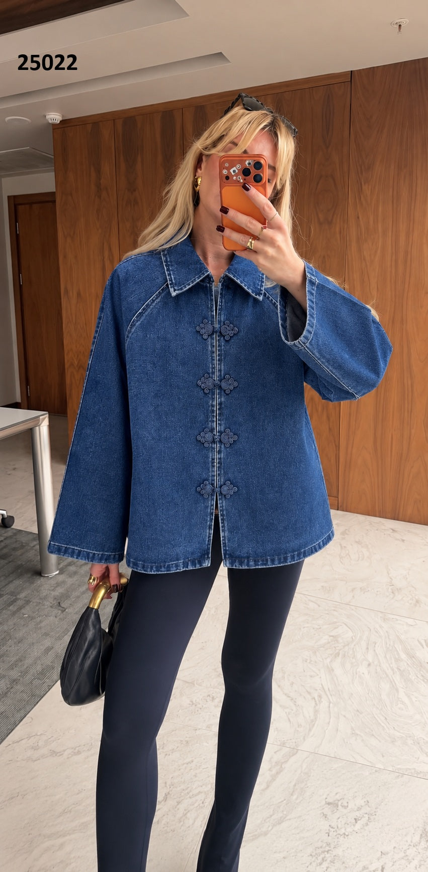 25022 Mandarin Frog-Closure Denim Overshirt