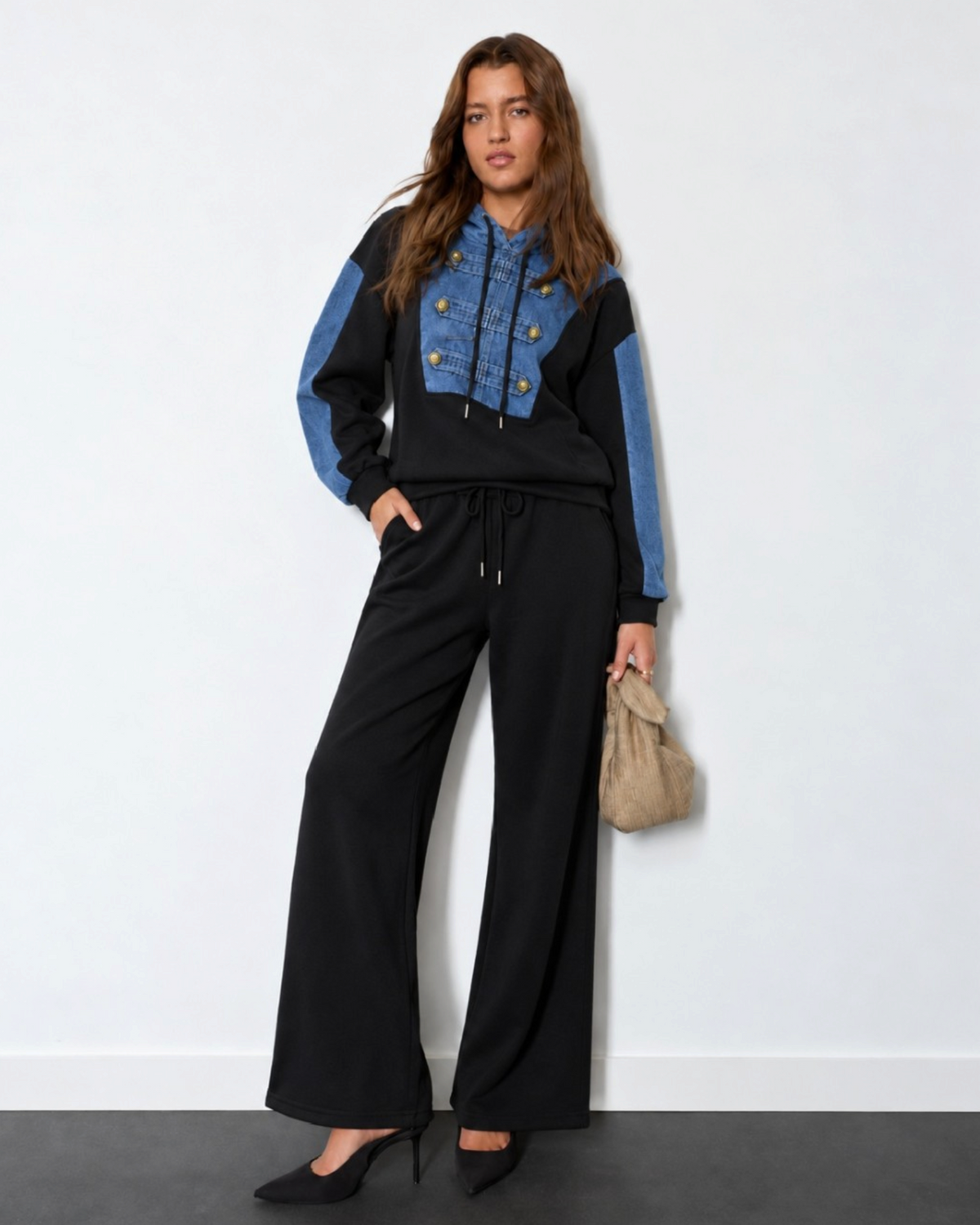 25141 Denim-Panel Hoodie & Wide-Leg Pants Set