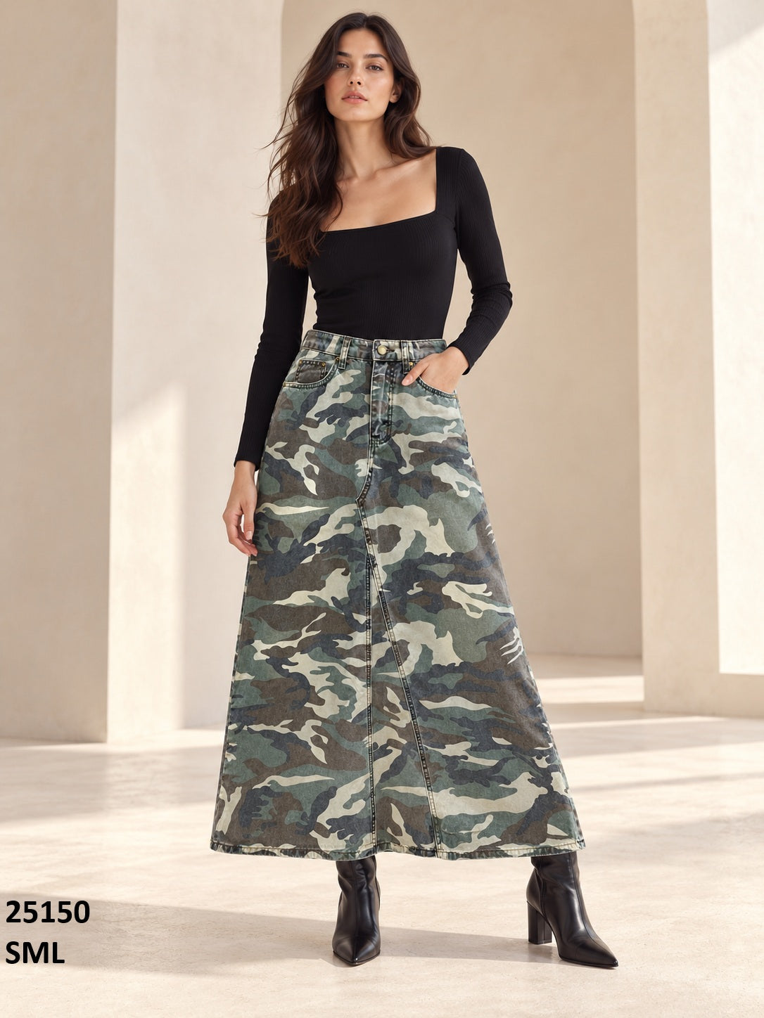 25150 Camo Denim Maxi Skirt