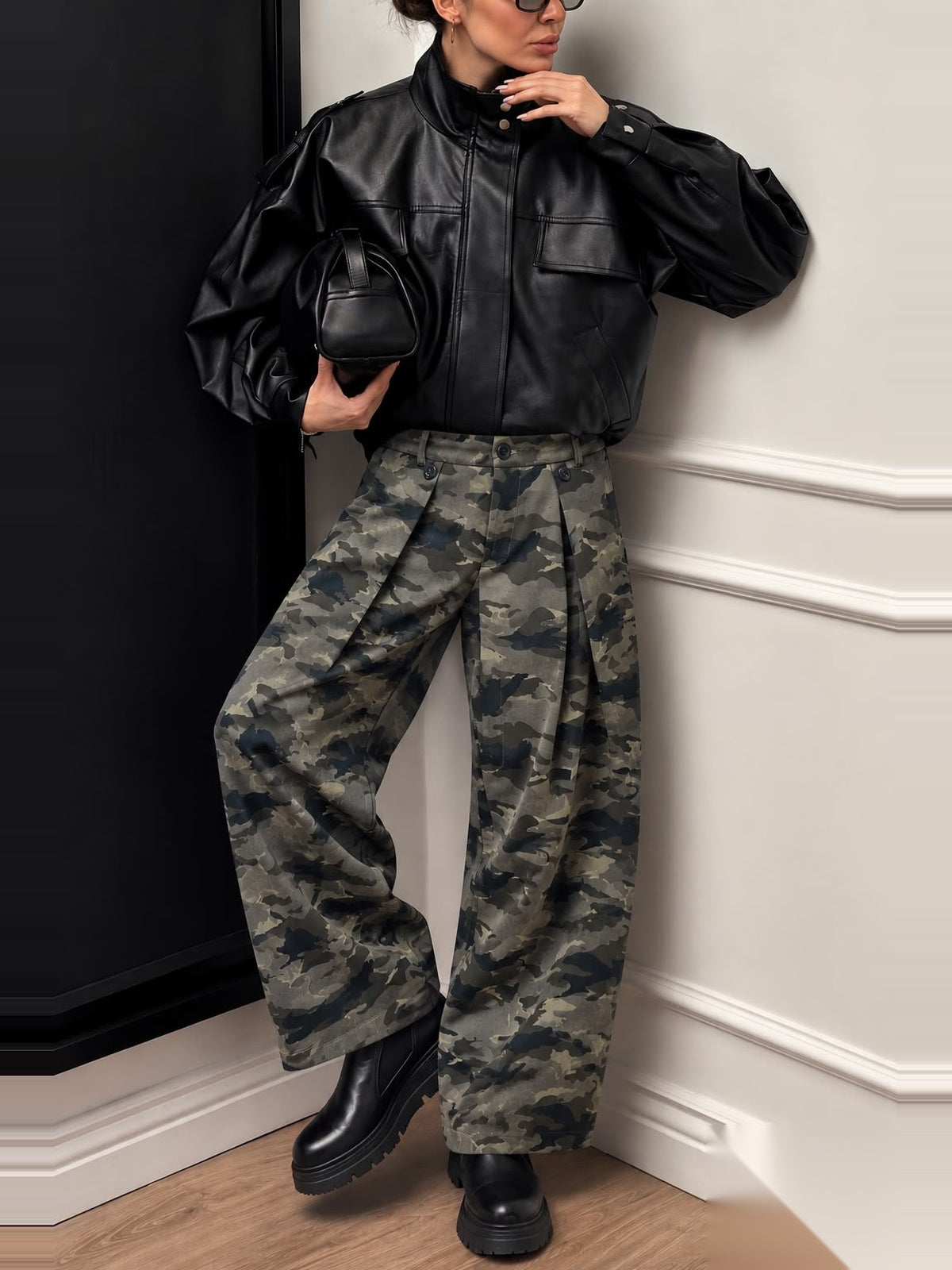 25172 Utility Pleat Camo Wide-Leg Pants