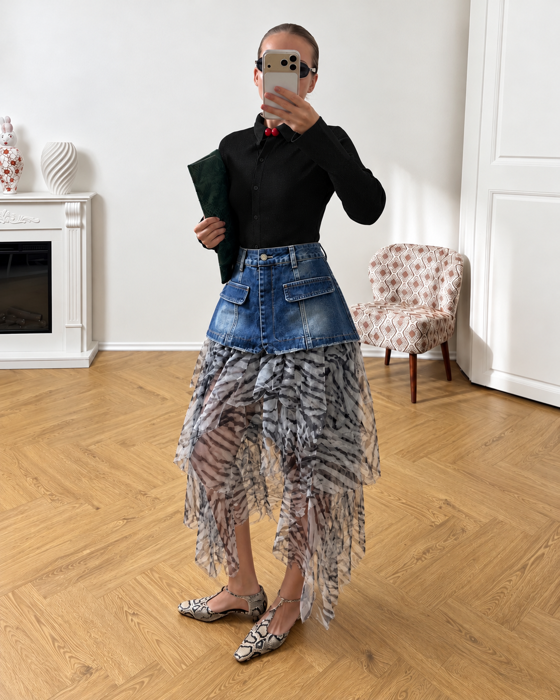 25195 After Dark Denim Mesh Tiered Skirt