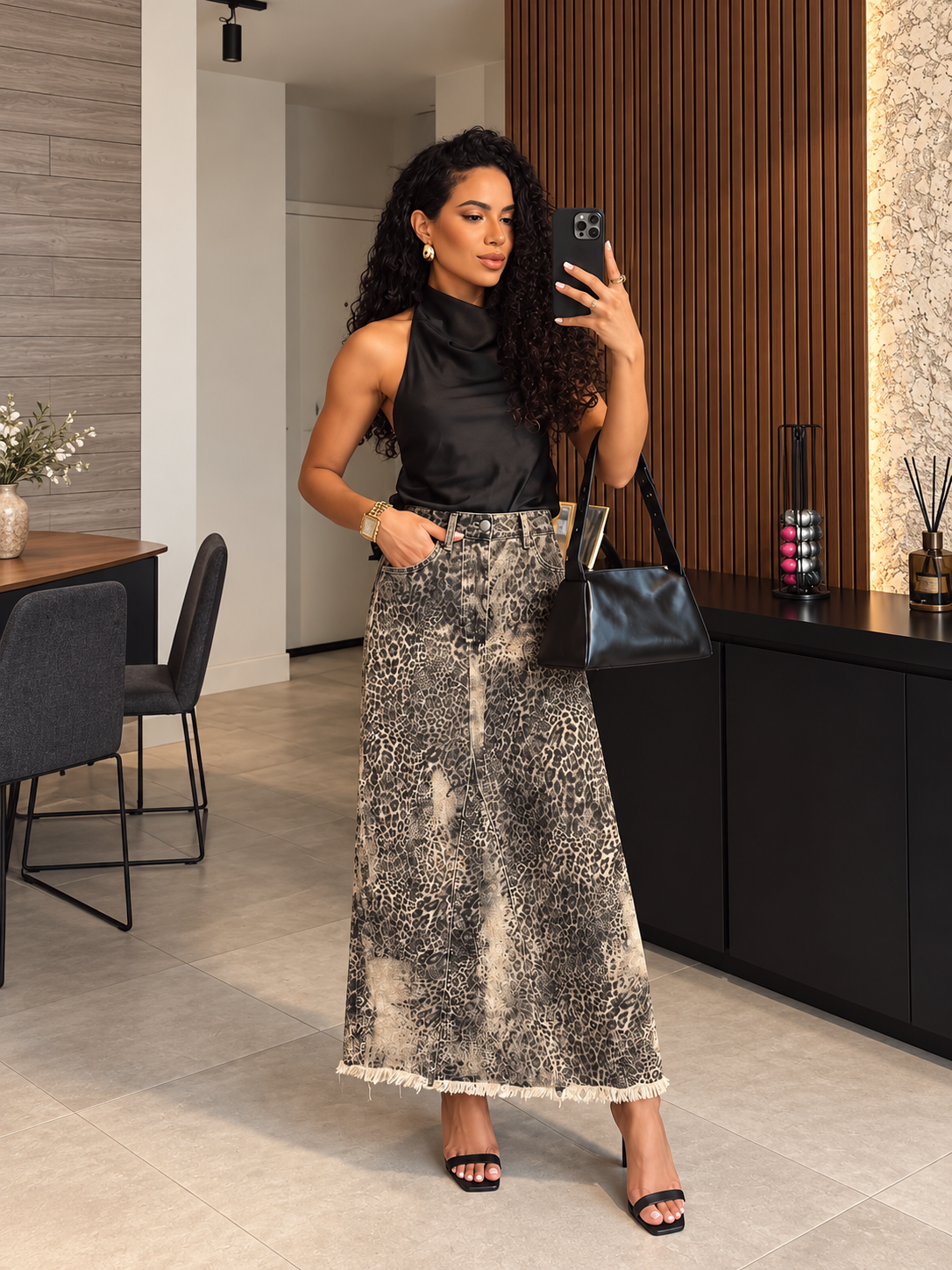 25212 Faded Wild Leopard Denim Maxi Skirt