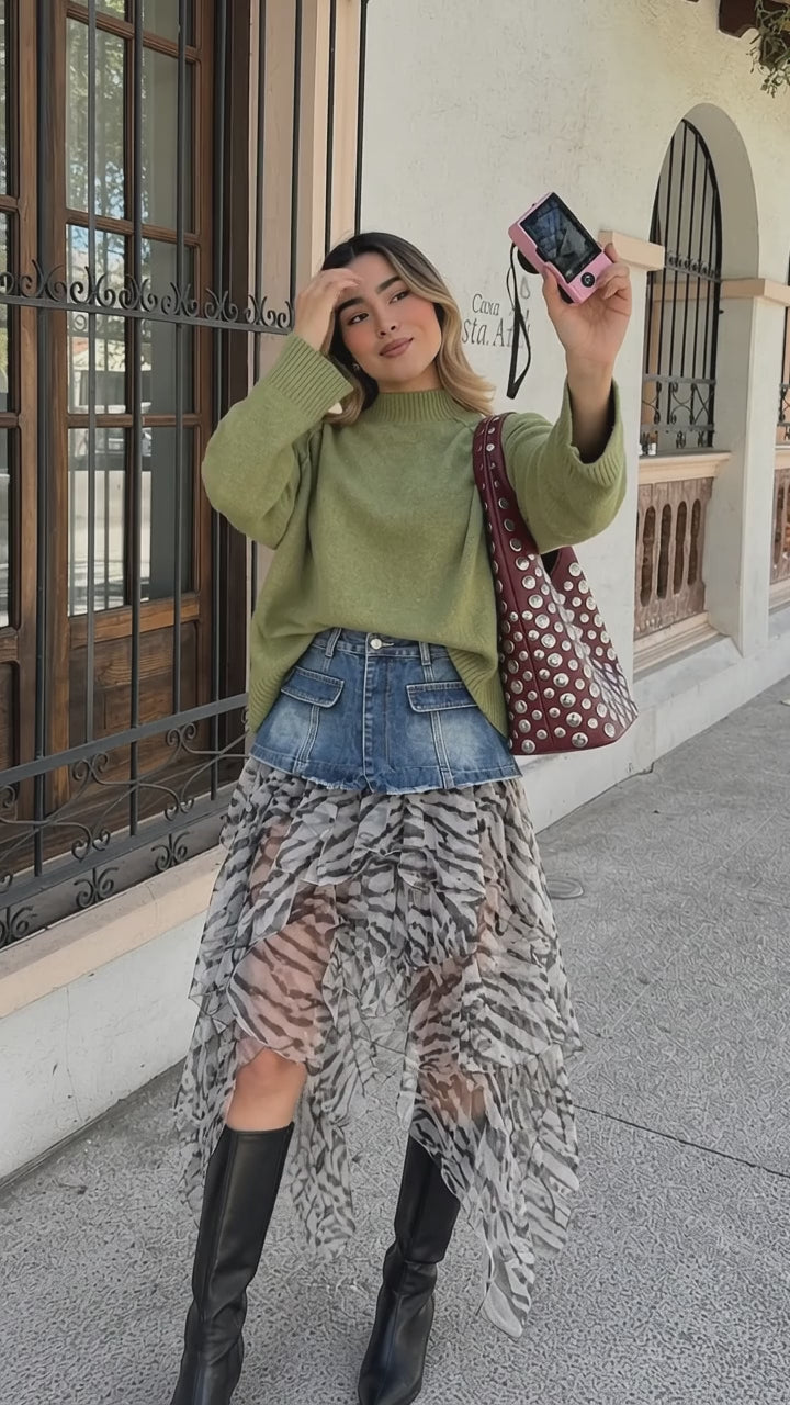 25195 After Dark Denim Mesh Tiered Skirt
